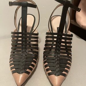 Nine West Black and Tan Leather Pointy Ankle Strap Heels